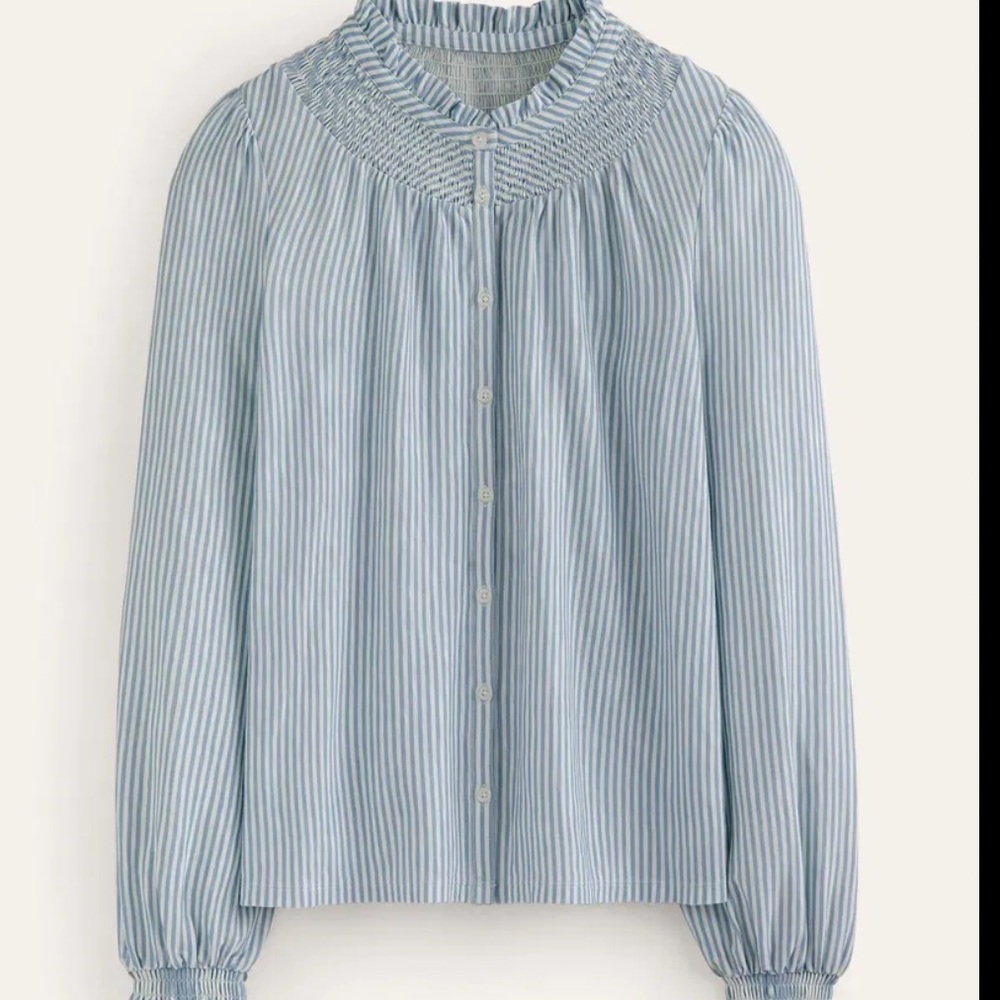 Boden Fay Blue and White Striped Smock neck long sleeve Shirt
